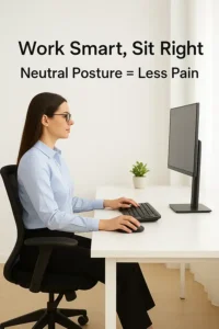 Proper ergonomic workstation setup with neutral wrist and arm position.
