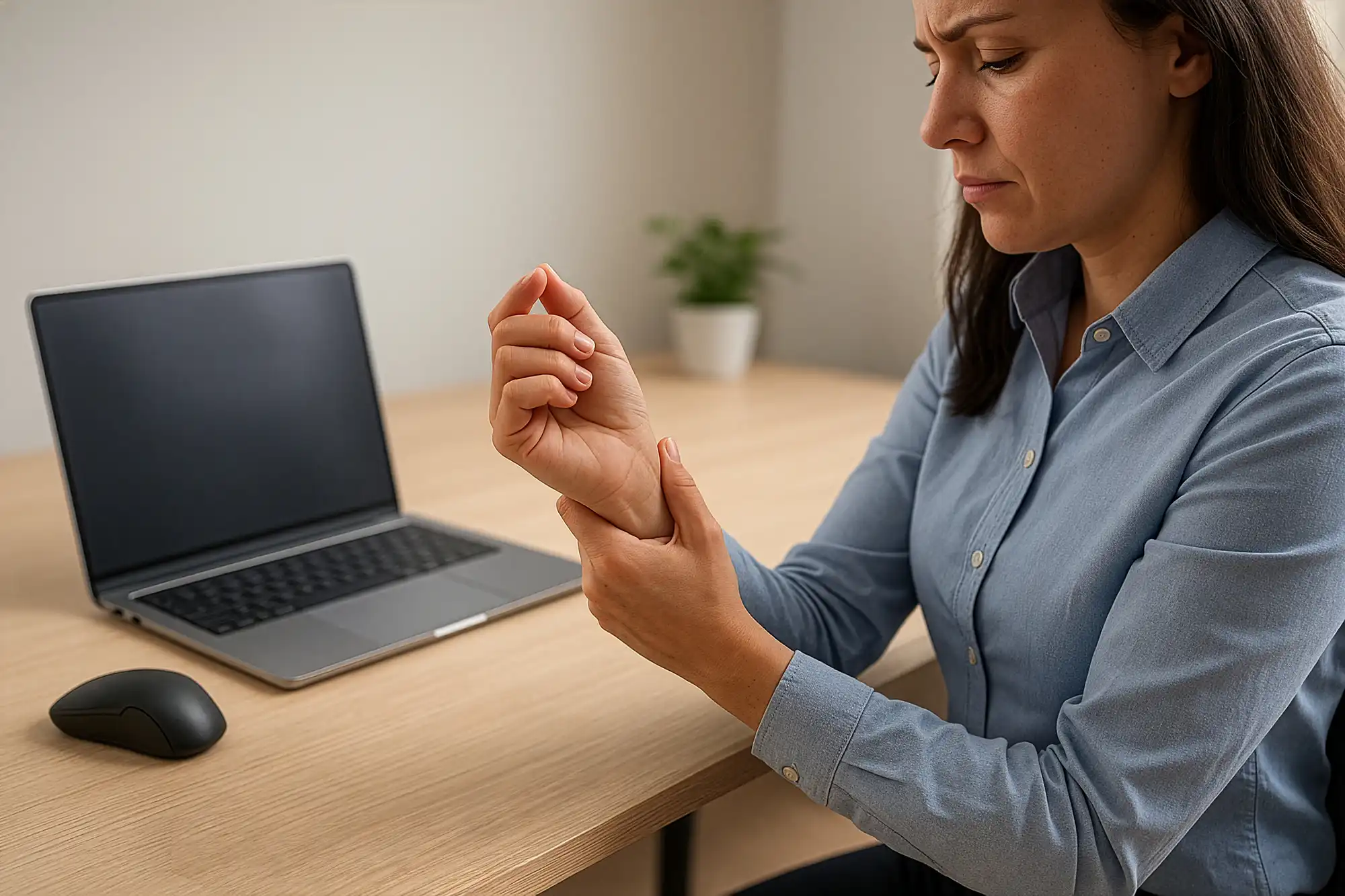 Office worker massaging wrist due to early signs of strain.
