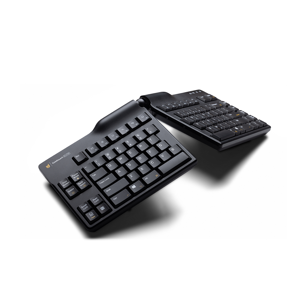 Goldtouch Elite Keyboard in a tent and splay position on a white background.