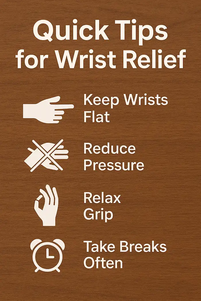 Illustrated wrist care tips for reducing strain during typing.